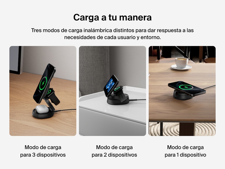 Se muestran los tres modos de carga del soporte magnético de carga compacto 3 en 1 BoostCharge de Belkin: cargando 3 dispositivos, 2 dispositivos o 1 dispositivo. Esta versátil solución de carga ofrece una flexibilidad máxima para cualquier entorno e instalación.