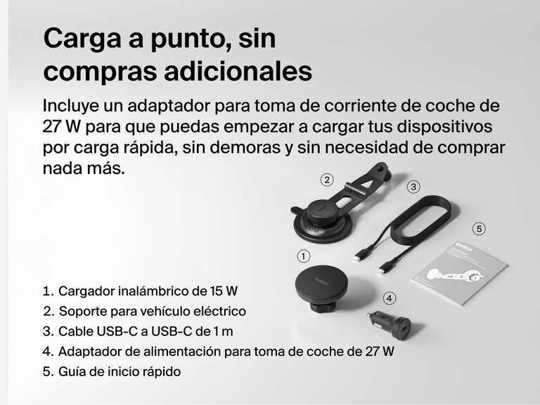 Belkin BoostCharge Magnetic Wireless Charging Car Vent Mount shown with all in-box items including 15W charger, vent mount, 27W car adapter, 1m USB-C cable, and quick start guide.