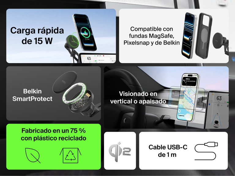 Belkin BoostCharge Magnetic Wireless Charging Car Vent Mount shown delivering Qi2 15W fast charging with MagSafe/Pixelsnap compatibility, portrait or landscape viewing, SmartProtect safety, and 75% recycled plastic design.