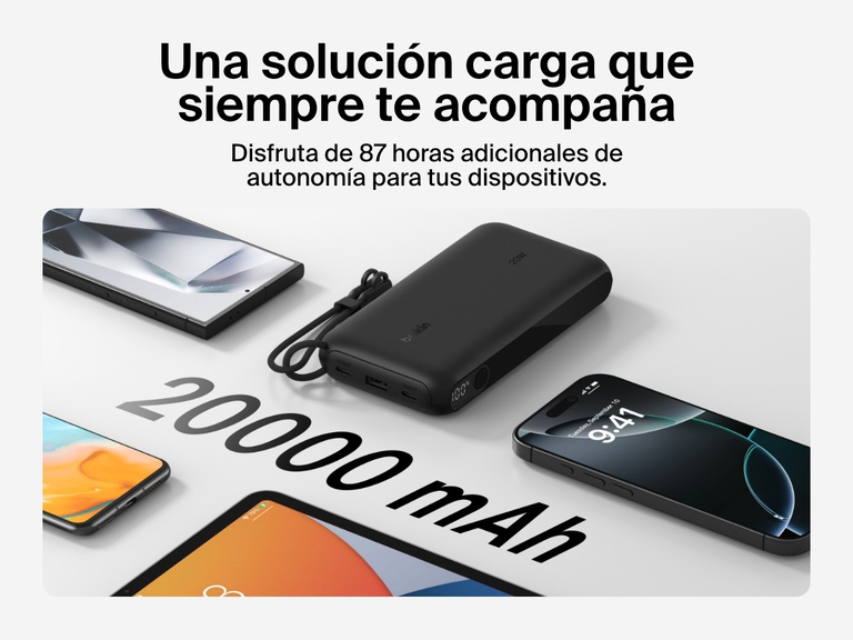 La batería externa 20K con pantalla BoostCharge de Belkin proporcionando hasta 87 horas adicionales de autonomía con una capacidad de 20 000 mAh. Cuenta con un diseño compacto y un cable USB-C extraíble para cargar sobre la marcha en cualquier sitio.