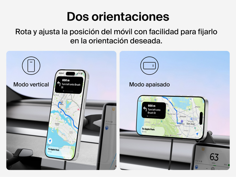 Belkin BoostCharge Magnetic Wireless Charging Car Vent Mount shown in portrait and landscape modes with 360&deg; rotation and 30&deg; tilt for adjustable in-car phone viewing.