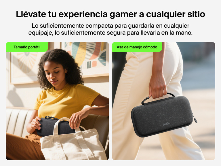 Se muestra la funda de viaje de Belkin Gaming para Nintendo Switch 2 siendo guardada en un bolso y transportada por su asa. Se enfatiza su tamaño portátil y su cualidad de agarre fácil que facilitan enormemente viajar con ella.
