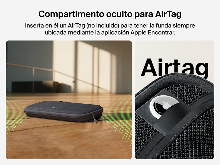Se muestra el bolsillo oculto para AirTag de la funda de viaje de Belkin Gaming para Nintendo Switch. Este compartimento permite insertar este dispositivo rastreador de Apple para , mediante la aplicación Apple Encontrar, tener la funda siempre localizada (AirTag no incluido).
