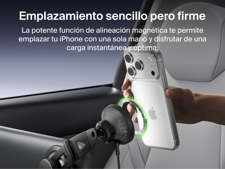 Belkin BoostCharge Magnetic Wireless Charging Car Vent Mount shown aligning and securing an iPhone with one-hand magnetic placement for instant, optimized charging.