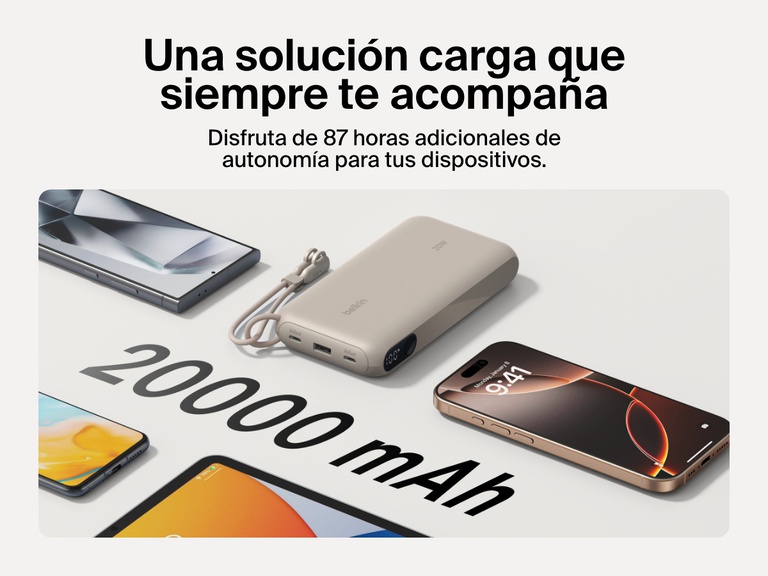 La batería externa 20K con pantalla BoostCharge de Belkin proporcionando hasta 87 horas adicionales de autonomía con una capacidad de 20 000 mAh. Cuenta con un diseño compacto y un cable USB-C extraíble para cargar sobre la marcha en cualquier sitio.