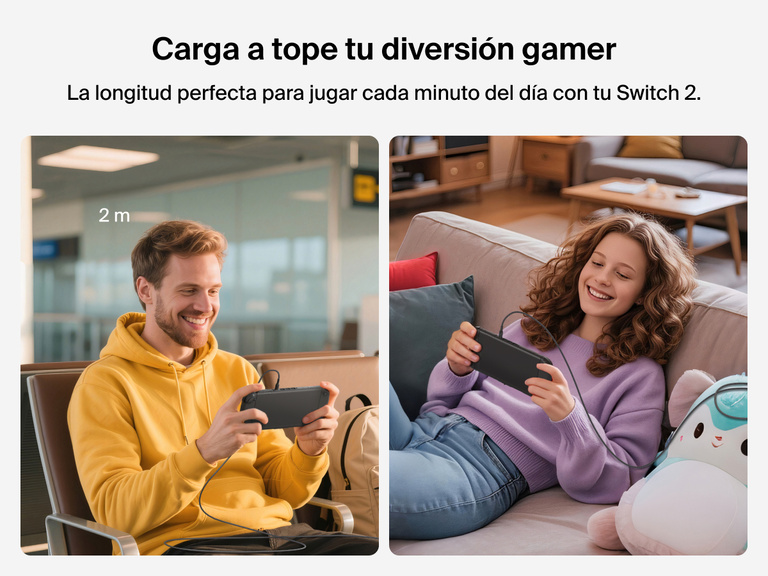 El cable USB-C a USB-C de 60 W para Nintendo Switch 2 de Belkin Gaming tiene una longitud de 2 m para que puedas cargar tu consola sin interrupciones y disfrutar de tus juegos sobre la marcha en cualquier parte.