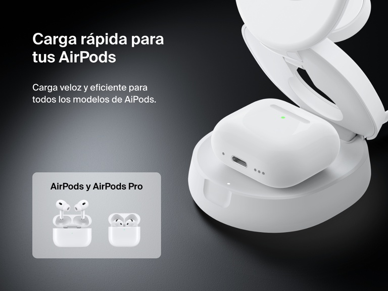 El soporte magnético de carga compacto 3 en 1 BoostCharge de Belkin cargando inalámbricamente unos AirPods. Es compatible con todos los modelos de AirPods y AirPods Pro.