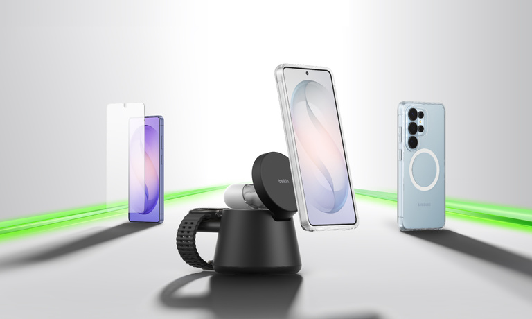 Samsung smartphone accessories displayed on a sleek surface, including a phone with a screen protector, a MagSafe-style wireless charger stand, and protective cases, highlighted by a glowing green accent line to represent the connected ecosystem.