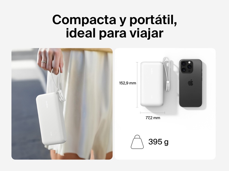 Se muestra la batería externa 20K con pantalla BoostCharge de Belkin en una mano y junto a un smartphone para hacer hincapié en su diseño compacto y portátil, ideal para viajar (dimensiones: 6,02 x 3,04 pulgadas y 395 gramos de peso).