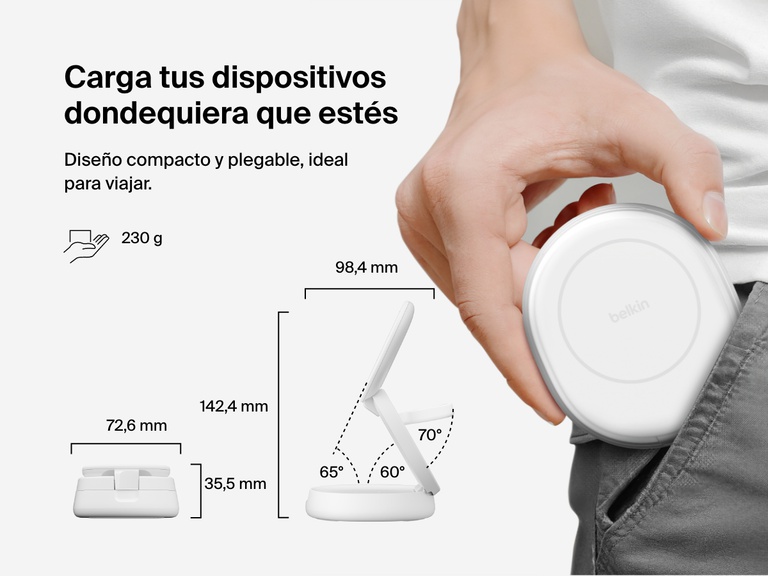 El soporte magnético de carga compacto 3 en 1 BoostCharge de Belkin plegado para una mayor portabilidad. Se hace hincapié en su tamaño compacto, peso ligero de 230 gramos y ángulos de visionado ajustables.