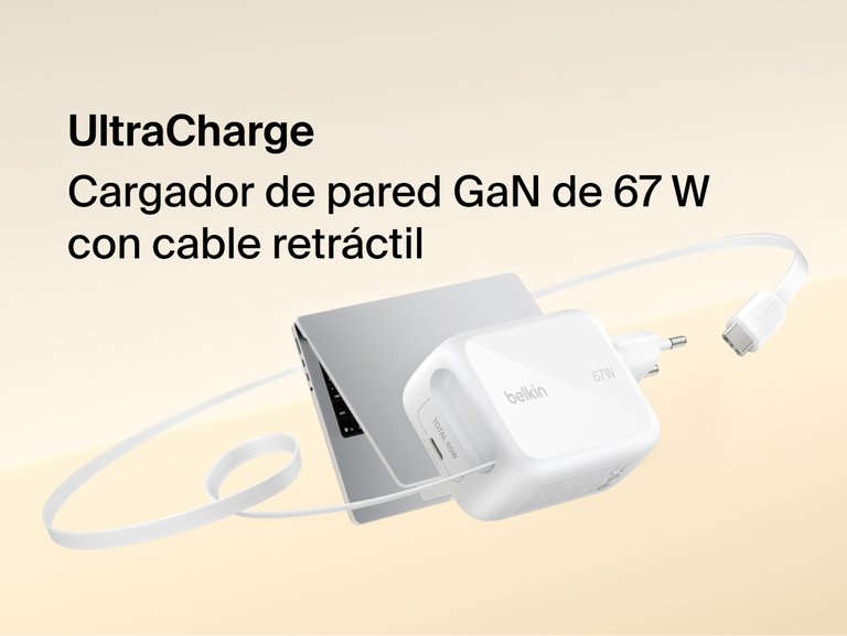 El cargador de pared GaN de 67 W con cable retr&aacute;ctil Belkin UltraCharge es una soluci&oacute;n una carga r&aacute;pida y compacta para port&aacute;tiles, tabletas y smartphones. 