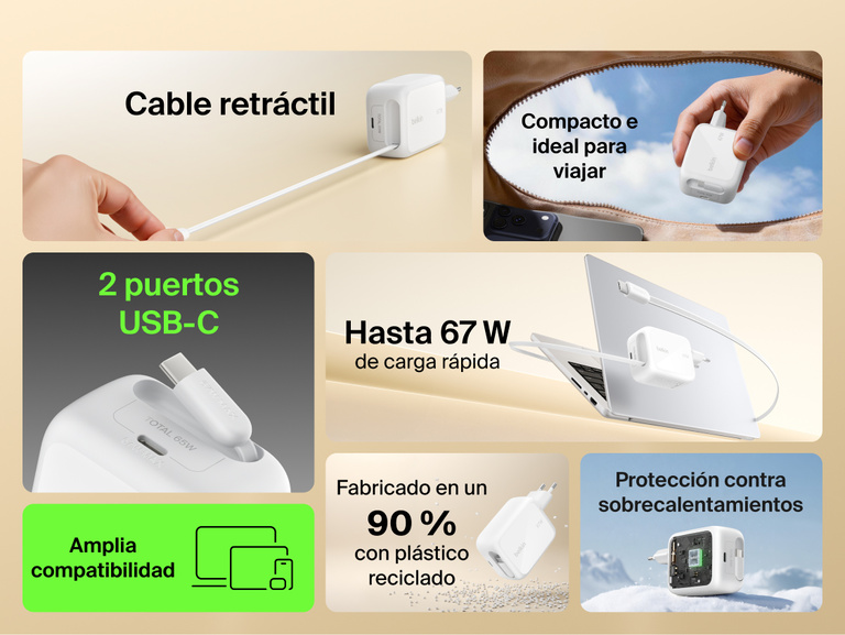 El cargador de pared GaN de 67 W Belkin UltraCharge posee un cable USB-C retr&aacute;ctil integrado y dos puertos USB-C y proporciona carga r&aacute;pida de hasta 67 W con un dise&ntilde;o compacto y c&oacute;modo para viajar. Adem&aacute;s, ofrece amplia compatibilidad con dispositivos y protecci&oacute;n contra sobrecalentamientos.
