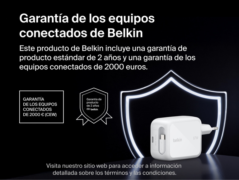 El cargador de pared GaN de 67 W con cable retr&aacute;ctil USB-C integrado Belkin UltraCharge est&aacute; respaldado por una garant&iacute;a de los equipos conectados de Belkin y 2 a&ntilde;os de garant&iacute;a de producto. 
