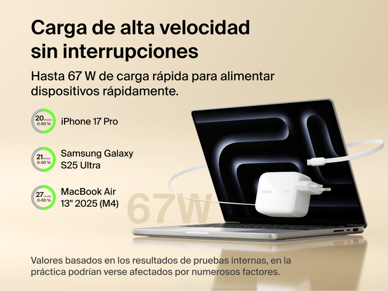 Se muestra el cargador de pared GaN de 67 W Belkin UltraCharge recargando un port&aacute;til por carga r&aacute;pida mediante su cable USB-C retr&aacute;ctil. Proporciona una carga de alta velocidad para iPhone, Samsung Galaxy y MacBook.  