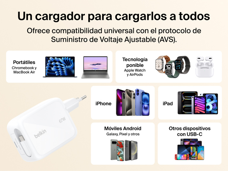 El cargador de pared GaN de 67 W Belkin UltraCharge con cable USB-C retr&aacute;ctil integrado proporciona carga r&aacute;pida universal para iPhone, m&oacute;viles Android, port&aacute;tiles, tabletas y dispositivos ponibles.