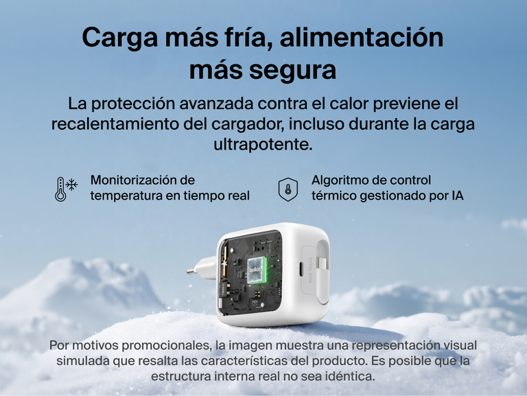El cargador de pared GaN de 67 W Belkin UltraCharge con cable USB-C retr&aacute;ctil integrado est&aacute; provisto de gesti&oacute;n t&eacute;rmica avanzada, monitorizaci&oacute;n de la temperatura en tiempo real y refrigeraci&oacute;n gestionada por IA para garantizar una carga r&aacute;pida m&aacute;s segura.