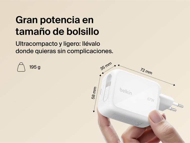 El cargador de pared GaN de 67 W Belkin UltraCharge con cable USB-C retr&aacute;ctil integrado posee un dise&ntilde;o ligero y compacto, siendo ideal para viajar y cargar tus dispositivos todos los d&iacute;as.