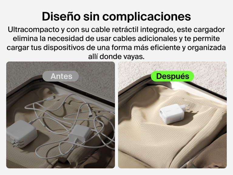 Se muestra el cargador de pared GaN de 67 W con cable retr&aacute;ctil USB-C integrado Belkin UltraCharge antes y despu&eacute;s de hacer la maleta para viajar, resaltando su dise&ntilde;o compacto y sin cables.