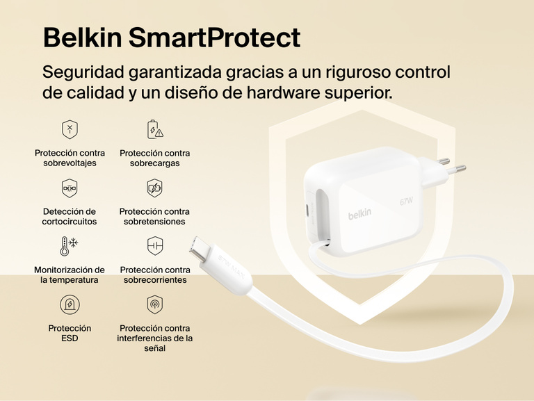 El cargador de pared GaN de 67 W con cable retr&aacute;ctil USB-C integrado Belkin UltraCharge cuenta con el sistema de seguridad SmartProtect  con proteccci&oacute;n contra sobrevoltajes, sobretensiones, temperatura y cortocircuitos. 