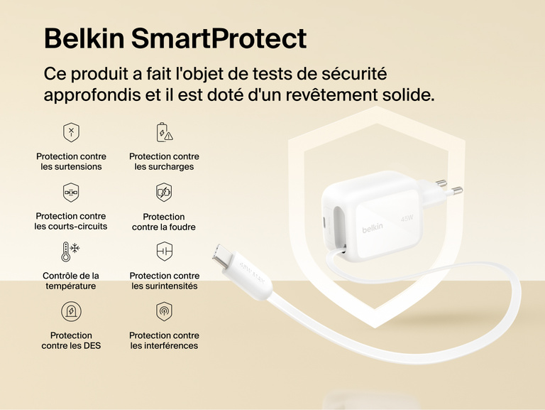 Image du chargeur secteur GaN Belkin Ultracharge avec c&acirc;ble r&eacute;tractable (45&nbsp;W) ayant fait l'objet de tests de s&eacute;curit&eacute; Belkin&nbsp;SmartProtect comme la protection contre la surtension, les coups de la foudre, la surchauffe et les courts-circuits.