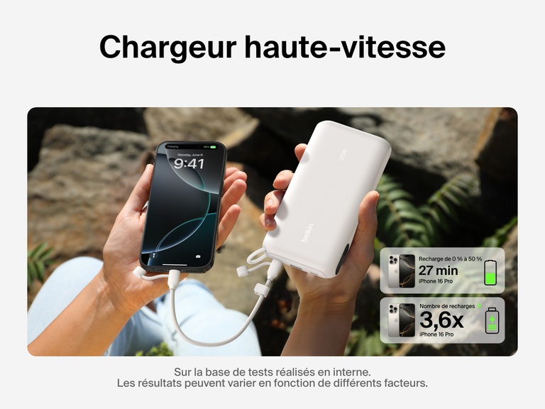 Image d'une batterie externe 20K Belkin BoostCharge avec écran intégré rechargeant rapidement un iPhone 16 Pro de zéro à 50 % en 27 minutes et offrant jusqu’à 3,6 recharges complètes, l’idéal pour une alimentation portable étendue.