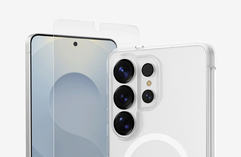 Samsung smartphone accessories displayed on a sleek surface, including a phone with a screen protector, a MagSafe-style wireless charger stand, and protective cases, highlighted by a glowing green accent line to represent the connected ecosystem.