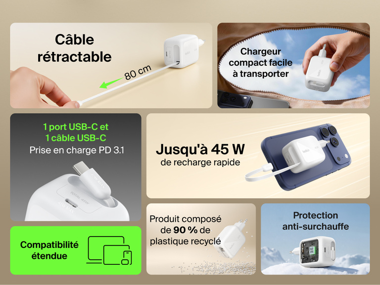 Image du chargeur secteur GaN Belkin Ultracharge avec c&acirc;ble r&eacute;tractable (45&nbsp;W), un c&acirc;ble USB-C int&eacute;gr&eacute; de 70&nbsp;cm, un port USB-C, recharge rapide, design compact, avec protection antisurchauffe.