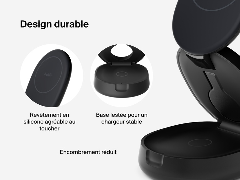 Image d'un socle de recharge 3-en-1 aimanté et compacte Belkin BoostCharge mettant en avant son revêtement en silicone agréable au toucher, sa base lestée et son design fin et pliable.