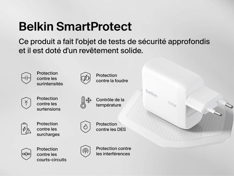 BoostCharge USB-C GaN Wall Charger 100W with Belkin SmartProtect safety features including overcurrent, overvoltage, surge, temperature, and short-circuit protection for reliable device charging