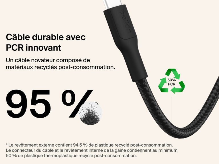 Le câble USB-C vers USB-C Belkin Gaming (60 W) pour Nintendo Switch 2 est composé de matériaux recyclés post-consommation (jusqu'à 95 %) d'une gaine tressée en polyester et de composants thermoplastiques.