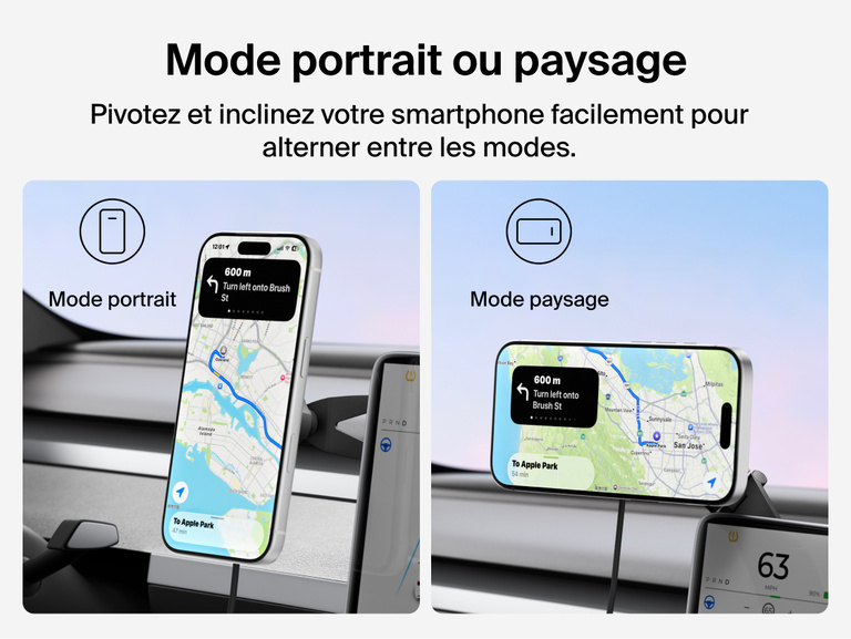 Belkin BoostCharge Magnetic Wireless Charging Car Vent Mount shown in portrait and landscape modes with 360&deg; rotation and 30&deg; tilt for adjustable in-car phone viewing.