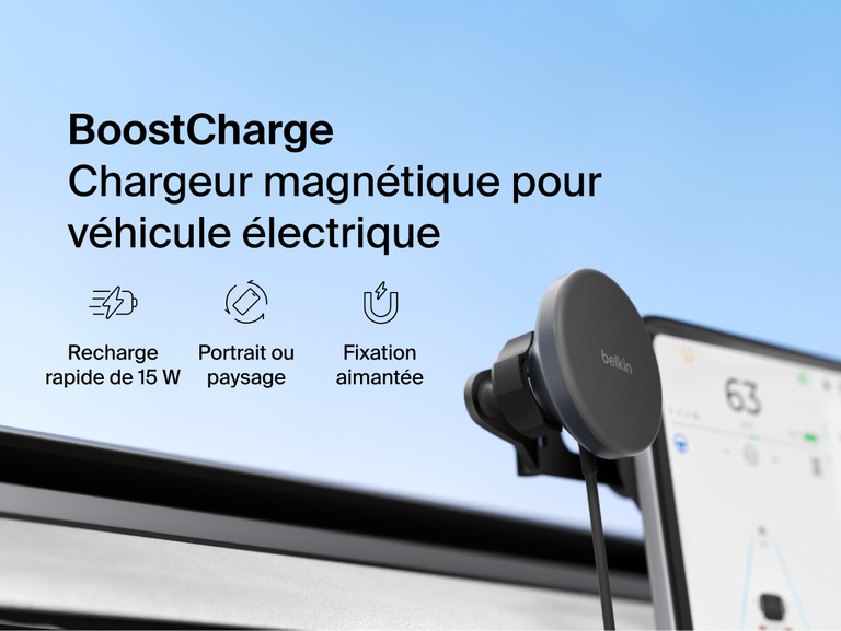Belkin BoostCharge Magnetic Wireless Charging Car Vent Mount shown attached to a vehicle air vent with Qi2 15W fast charging and portrait- or landscape-ready magnetic phone placement.