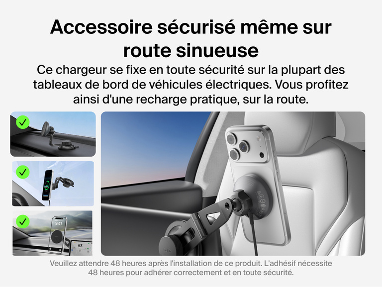 Belkin BoostCharge Magnetic Wireless Charging Car Vent Mount shown with compatible vertical and horizontal air vents and incompatible circular, very thin, and mesh-style vents.