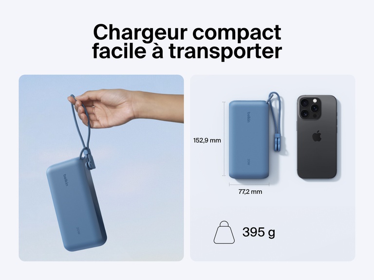 Image d'une batterie externe 20K Belkin BoostCharge avec écran intégré tenue dans une main  se trouvant à côté d'un smartphone pour mettre en avant son design compact et portable avec des dimensions de 15,2 cm x 7,7 cm et un poids de 395 g.