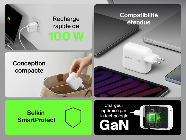 Image du chargeur secteur GaN Belkin Ultracharge avec c&acirc;ble r&eacute;tractable (45&nbsp;W), un c&acirc;ble USB-C int&eacute;gr&eacute; de 70&nbsp;cm, un port USB-C, recharge rapide, design compact, avec protection antisurchauffe.