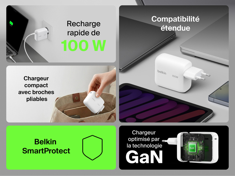BoostCharge USB-C GaN Wall Charger 100W feature collage highlighting 100W fast charging, wide device compatibility, foldable prongs, Belkin SmartProtect, and GaN technology for compact high-performance charging