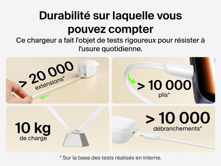 Image du chargeur secteur GaN Belkin Ultracharge avec c&acirc;ble r&eacute;tractable (45&nbsp;W) rechargeant deux&nbsp;appareils en m&ecirc;me temps via le c&acirc;ble et le port USB-C, illustrant la distribution intelligente de la recharge rapide.