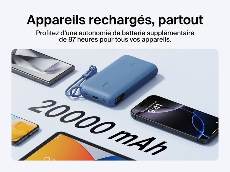 Une batterie externe 20K Belkin BoostCharge avec écran intégré est présentée comme offrant jusqu’à 87 heures d'autonomie supplémentaire avec sa capacité de 20 000 mAh, dotée d'un design compact et accompagnée d'un câble USB-C amovible pour une alimentation mobile.