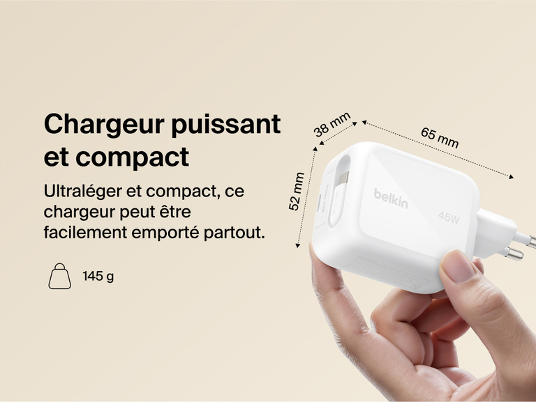 Image du chargeur secteur GaN Belkin Ultracharge avec c&acirc;ble r&eacute;tractable (45&nbsp;W) &eacute;quip&eacute; de la technologie avanc&eacute;e GaN pour une recharge efficace, rapide, puissante, sans surchauffe.