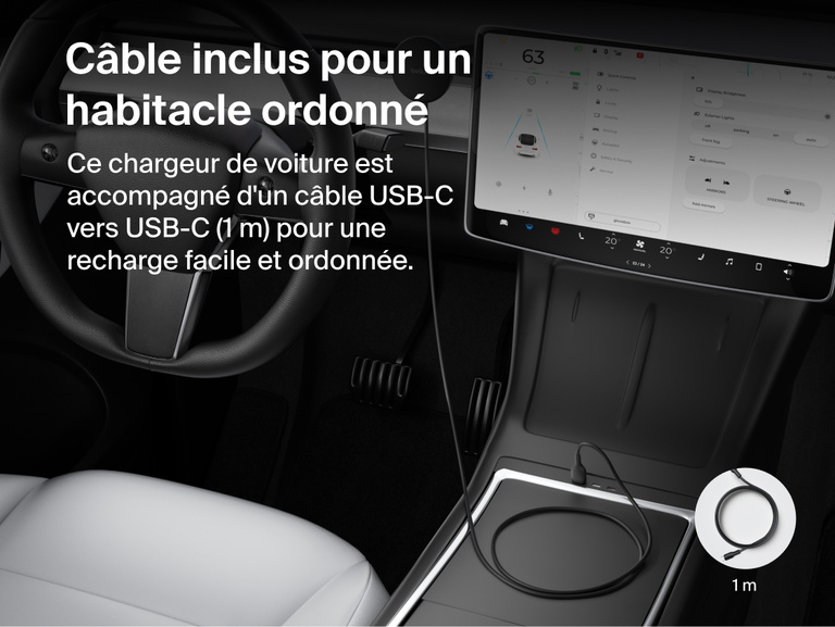 Belkin BoostCharge Magnetic Wireless Charging Car Vent Mount shown installed in a vehicle with the included 3.3 ft/1m USB-C to USB-C cable for a clean, easy-reach setup.