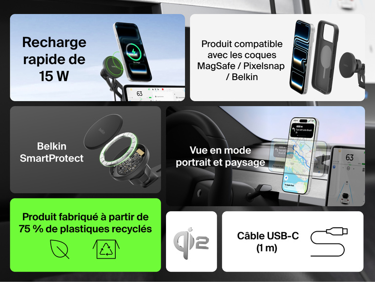 Belkin BoostCharge Magnetic Wireless Charging Car Vent Mount shown delivering Qi2 15W fast charging with MagSafe/Pixelsnap compatibility, portrait or landscape viewing, SmartProtect safety, and 75% recycled plastic design.