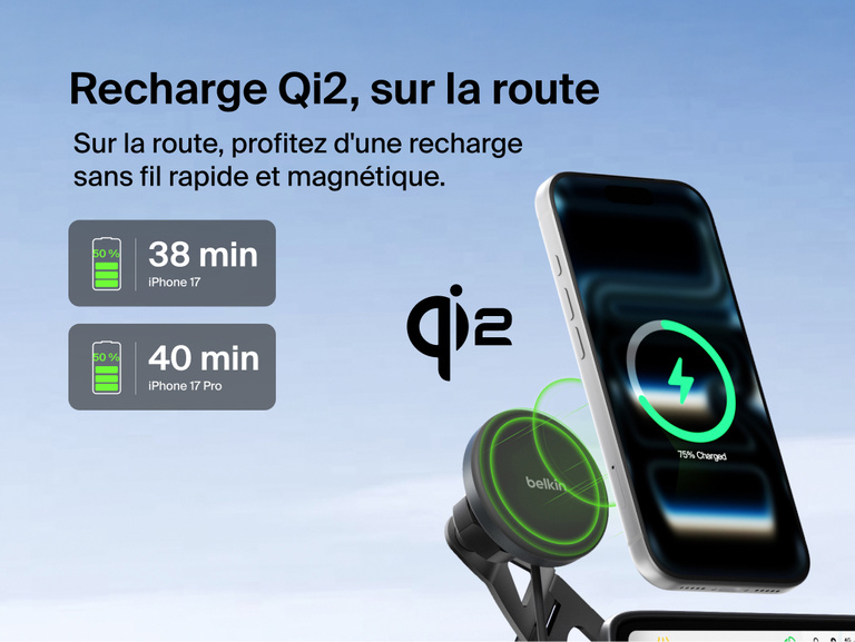 Belkin BoostCharge Magnetic Wireless Charging Car Vent Mount shown wirelessly charging a phone with Qi2 fast charging in a vehicle, highlighting quick 0&ndash;50% charge times for iPhone 17 and iPhone 17 Pro.