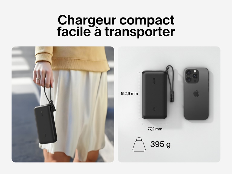 Image d'une batterie externe 20K Belkin BoostCharge avec écran intégré tenue dans une main  se trouvant à côté d'un smartphone pour mettre en avant son design compact et portable avec des dimensions de 15,2 cm x 7,7 cm et un poids de 395 g.