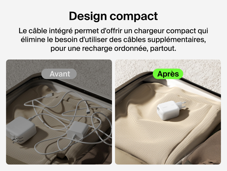 Image du chargeur secteur GaN Belkin Ultracharge avec c&acirc;ble r&eacute;tractable (45&nbsp;W) avec un c&acirc;ble USB-C de 70&nbsp;cm illustrant la solution de recharge d'appareils mobiles, &agrave; la maison ou en voyage.