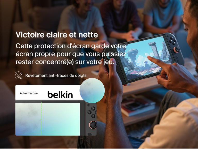Image instructive montrant le processus d'installation d'une protection d'écran Belkin sur une Nintendo Switch 2. Le côté droit affiche un cadre Easy Align placé sur la console pour une application précise. Sur la gauche, le texte indique « Game-Ready in Seconds » (prêt pour le jeu en quelques secondes) et explique que le cadre permet une installation rapide, propre et sans bulle. Les icônes ci-dessous soulignent que la trousse comprend un chiffon en microfibre qui assure une finition sans bulles et fournit une application précise.