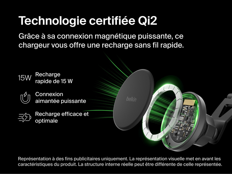 Belkin BoostCharge Magnetic Wireless Charging Car Vent Mount shown with an exploded view of its Qi2-certified magnetic coil system highlighting 15W fast charging, strong magnetic connection, and optimized efficiency.