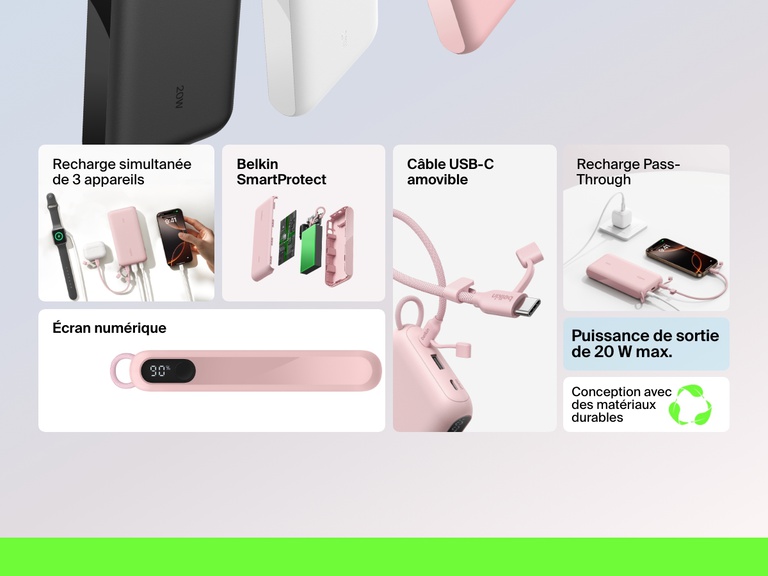 Vue d’ensemble des caractéristiques de la batterie externe 20K Belkin BoostCharge avec écran intégré qui met en avant sa puissance de sortie de 20 W max., sa capacité à recharger jusqu’à trois appareils en simultané, sa technologie intégrée SmartProtect, sa fonction de recharge Pass-Through, son câble USB-C amovible et son revêtement composé de matériaux durables.