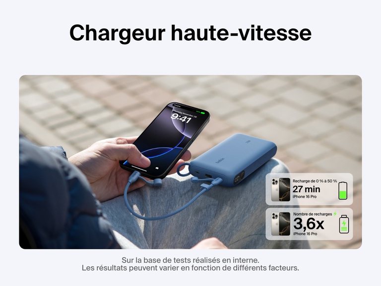Image d'une batterie externe 20K Belkin BoostCharge avec écran intégré rechargeant rapidement un iPhone 16 Pro de zéro à 50 % en 27 minutes et offrant jusqu’à 3,6 recharges complètes, l’idéal pour une alimentation portable étendue.
