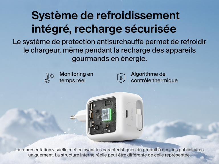 Image du chargeur secteur GaN Belkin Ultracharge avec c&acirc;ble r&eacute;tractable (45&nbsp;W)dot&eacute; d'un syst&egrave;me de protection avanc&eacute; comme le contr&ocirc;le de la temp&eacute;rature en temps r&eacute;el et le syst&egrave;me int&eacute;gr&eacute; de refroidissement pour une recharge s&eacute;curis&eacute;e rapide.