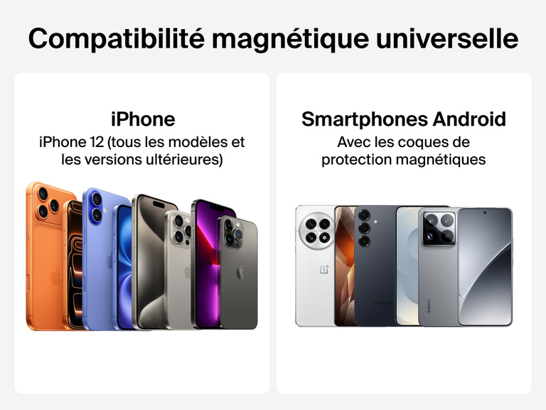 Belkin BoostCharge Magnetic Wireless Charging EV Mount shown with universal magnetic compatibility for iPhone Series 12 and later and Android phones using magnetic wireless charging cases.